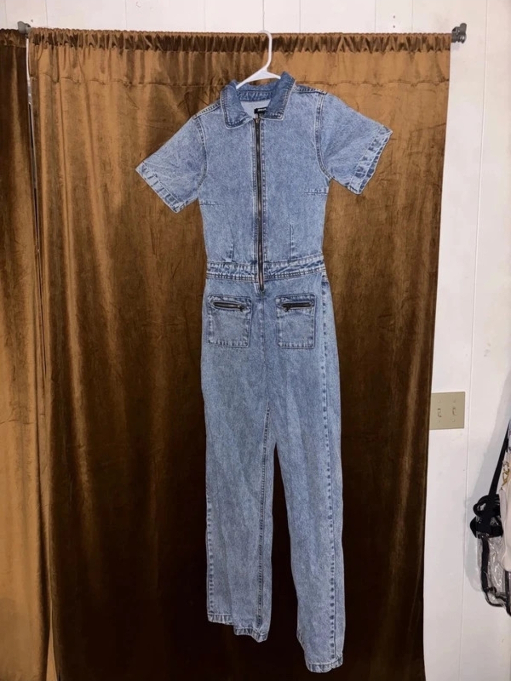 Nasty Gal Light Blue Denim Short-Sleeve Zip Jumpsuit
